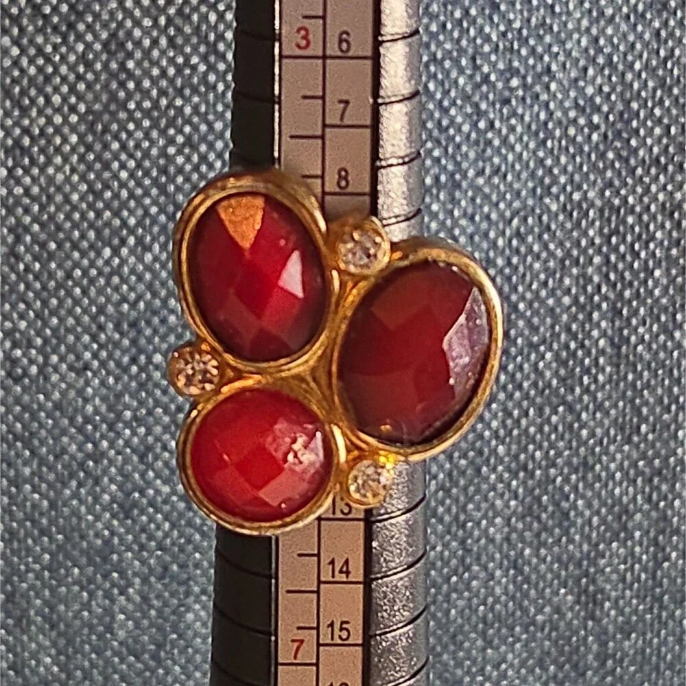 Red Gemstone Cluster Ring Gold Tone Statement Size 8.5